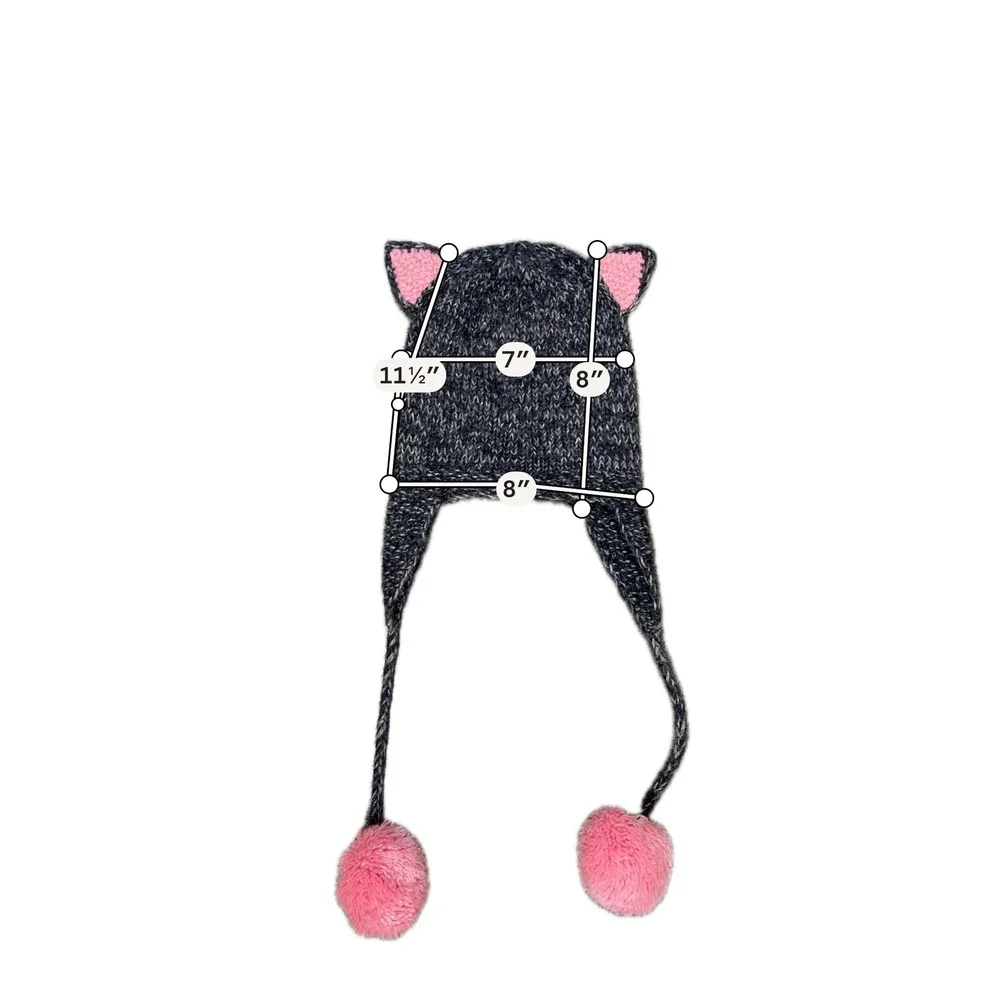 Andes Gifts Kids Cat Earflap Beanie Alpaca Blend Grey Pink Pom Pom Hat Peru